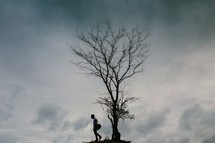 a man standing under a lone tree on a hilltop 