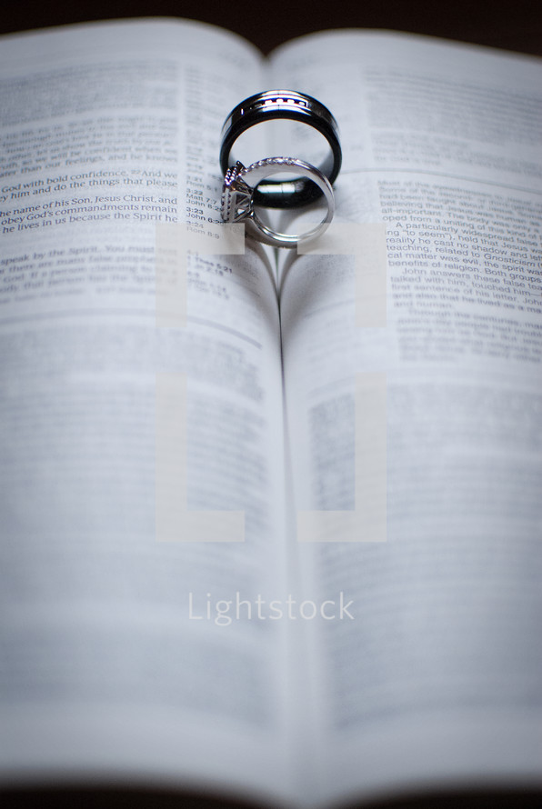 wedding rings between the pages of a Bible 