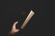 Hand holding a Bible against a dark background