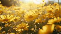 Field full of yellow daisy flowers with sunlight. 