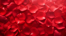 Red rose petals on a red background with flare. 