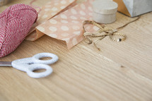 scissors, yarn, ribbon, tissue paper 