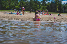 people on a lake beach in summer 