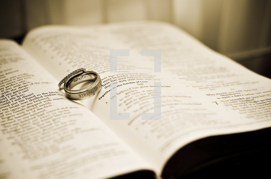 Wedding bands on the pages of a Bible
