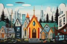 Cartoon city landscape with Church, houses and trees, illustration