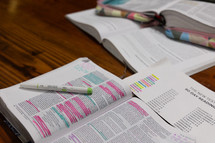 Open Bible with highlighted verses and highlighter next to New Testament reading plan paper and study book during women's Bible study