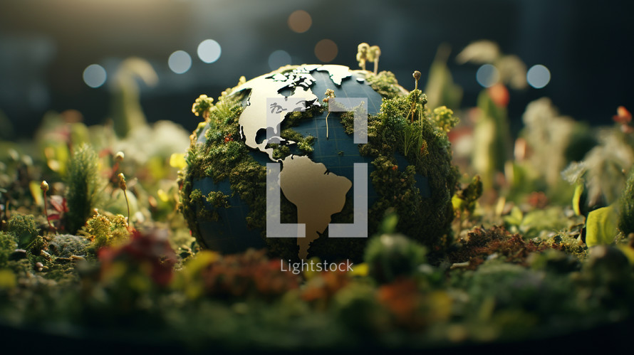 Closeup of small world globe with green plants surrounding.