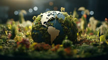 Closeup of small world globe with green plants surrounding.