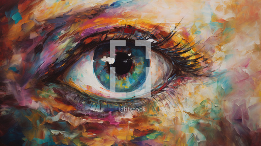 Close up of a colorful oil painted human eye. 