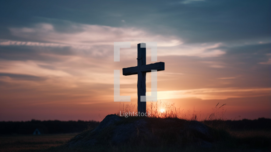 Single cross on a hill at sunset. 