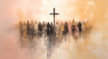 Silhouettes of people on the background of the Christian cross.
