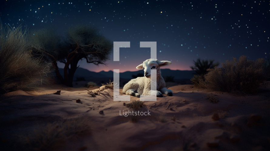 Lost little lamb laying down in the desert at night.