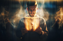Young man reading the bible. The power of Faith