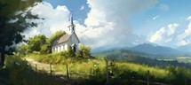 Digital painting of a church in a meadow and mountains in the background