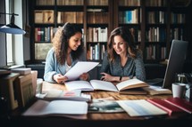 Portrait of two female students working together in library. Bible Study