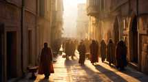 The sun shines in the morning across a busy street in the ancient city of Jerusalem BC. 