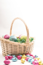 Easter basket with Easter eggs and candy 