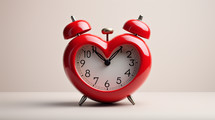 Heart shaped red alarm clock on white background. 