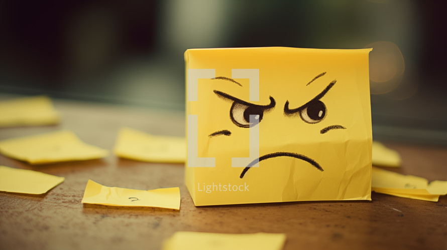 Angry face drawn on a yellow sticky note.