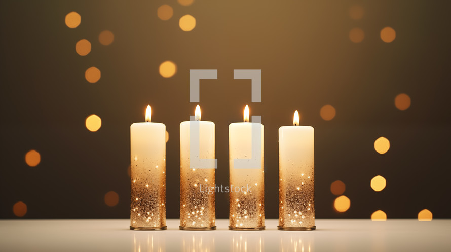 Four Christmas advent candles with bokeh. 