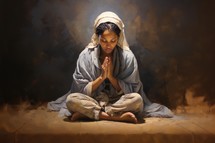 Portrait of a beautiful young woman sitting on the floor and praying