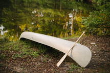 Canoe beside lake shore