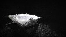 Black and white shot of the manger, dimly top lit, film grain.