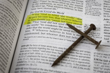 John 3:16 and a cross of nails on the pages of a Bible