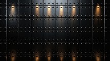 A  wall with black metal  patterns with rivets, uplit with several spotlights,. A Backgorund for men's conference, 