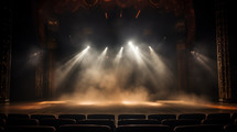 Dark stage background with spotlights on an empty stage. 
