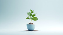 Green plant in a bowl of dirt on a simple background. 