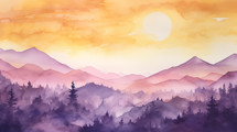 Foggy sunrise over mountains and trees abstract watercolor background. 