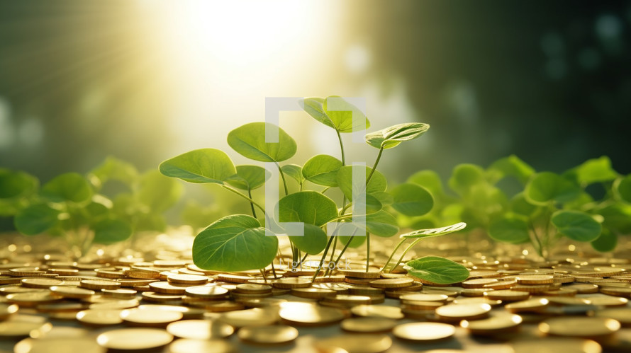 Green plants growing from gold coins. 