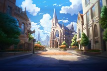 Urban Church in anime style. Japanese Cartoon