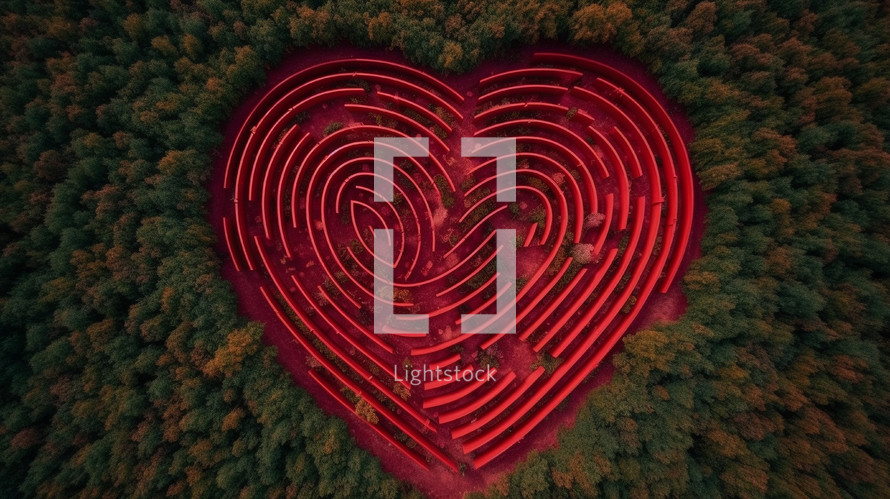 Top view of red heart maze in a forest. 