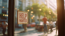 Help wanted sign in store window of city.
