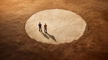 Two men standing in side a circle in the dirt. Inner circle concept. 
