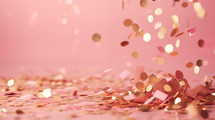 Closeup of falling gold confetti on pink background.