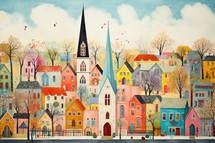 Colorful Church, village and trees. Illustration