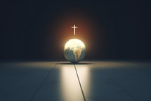 Globe with cross on the floor. Religious concept. Bring His light to the world