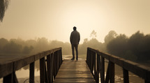A man standing on a bridge overlooking water thinking. 