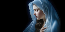 Portrait of the Mother Mary with a blue veil on a black background