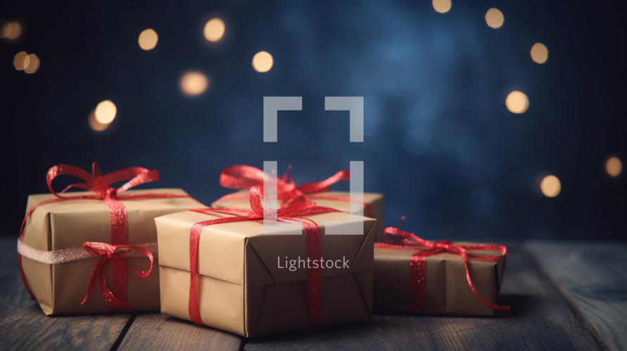 Wrapped Christmas gifts on a wooden table with bokeh lights in the background. 