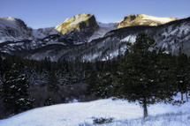A fresh blanket of snow cover the ground, Mountains and trees of Rocky Mountain National Park located in Estes Park Colorado