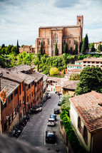 view from above of narrow streets in Italy and cathedral 