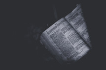 pages of a Bible in darkness 