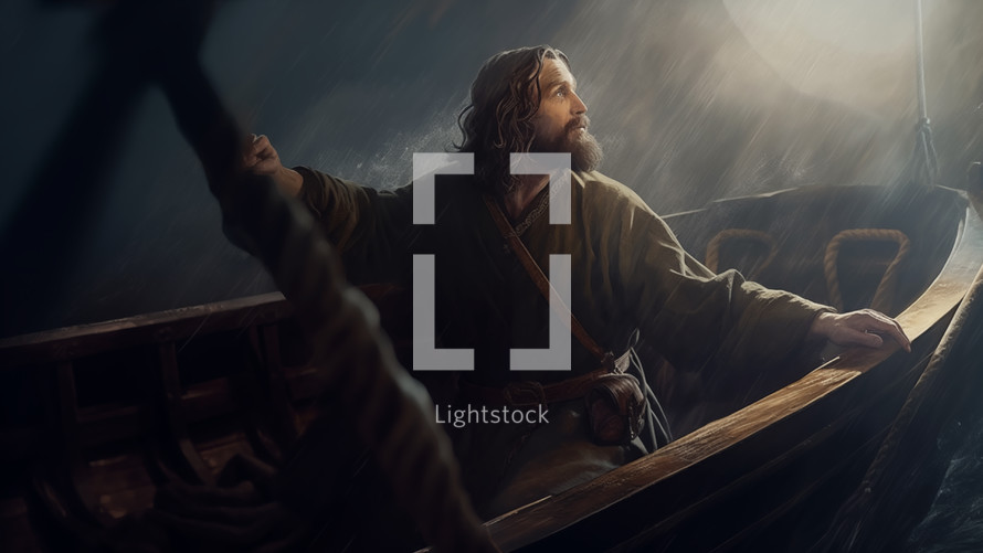 Jesus about to calm the storm.