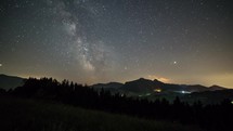 Milky way galaxy over mountains in starry night sky Time lapse
