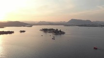 Aerial view of Jag Mandir, palace built on an island in the Lake Pichola, Udaipur, India