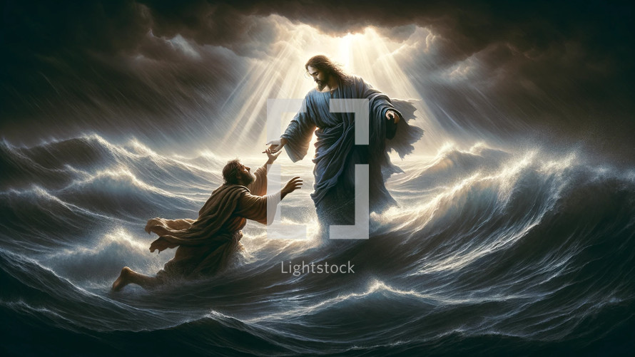 Jesus reaches for the drowning Peter